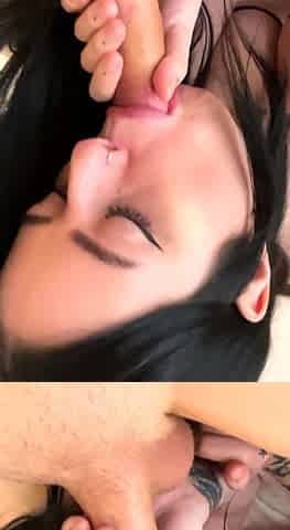 Hot brunette milf with big boobs gives a blowjob