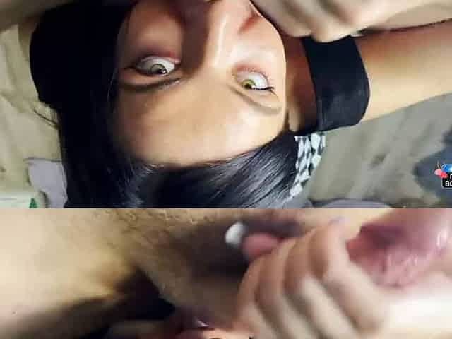 Reverse cowgirl with spunk on face - a facial for the slut!