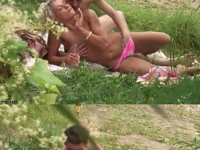 Gorgeous blonde in pink panties fucks at the beach (real voyeur)
