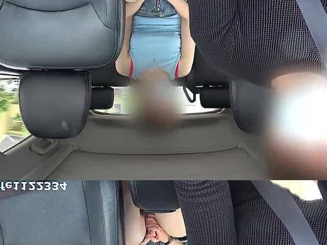 Excited beauty teasing taxi driver and masturbating her taut pink vagina on back seat