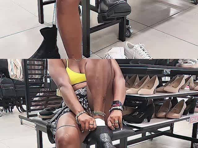 Her Twat and Cleavage in full view to SHOE STORE Assistant - Upskirt No Pants No Brassiere
