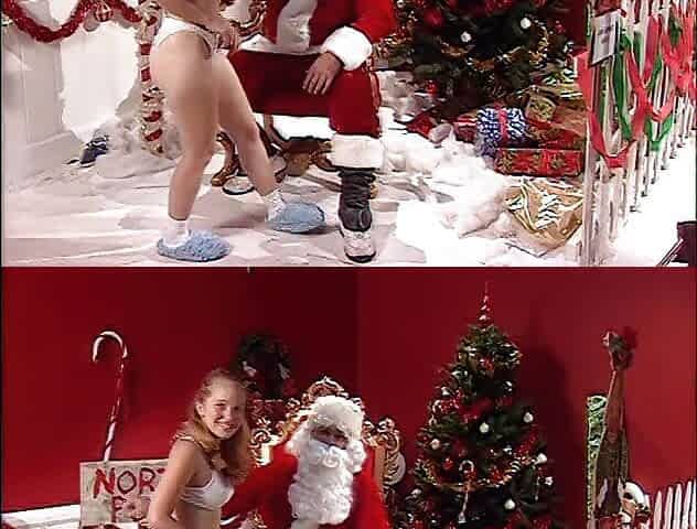 Kitty Marie moans as a horny stud licks her erect clit on a santa claus chair