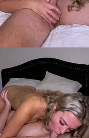Blonde teen gives handjob and blowjob