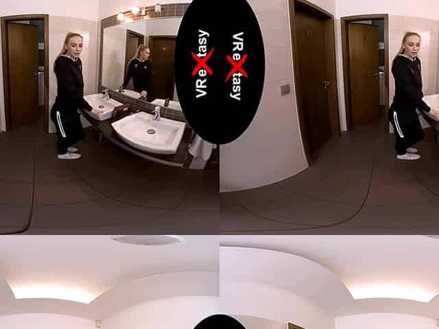 Restroom Solo With Jenny Wild; Blonde Public Restroom Fit Athletic Small Tits Shaved Pussy Deep Fucking