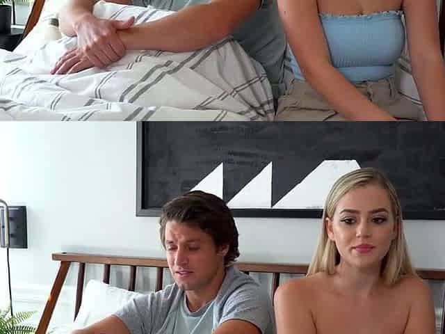 Busty blond stepsister gives him a oral job and gets a