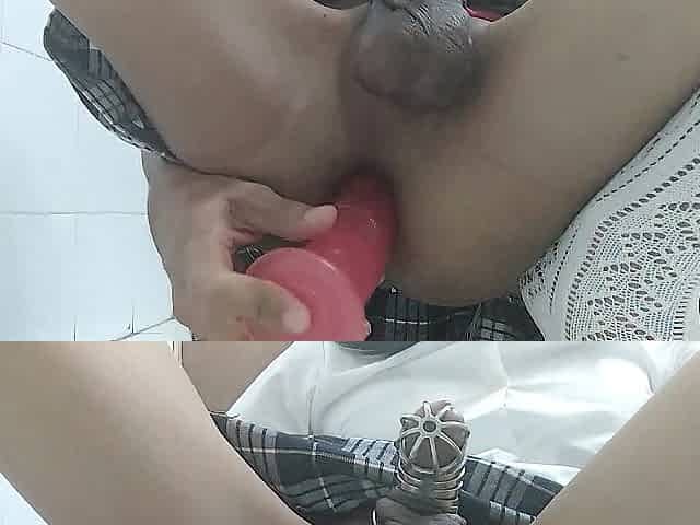 Sissy CD Schoolgirl practice booty likewise throat with vibrator whilst wearing a chastity cage