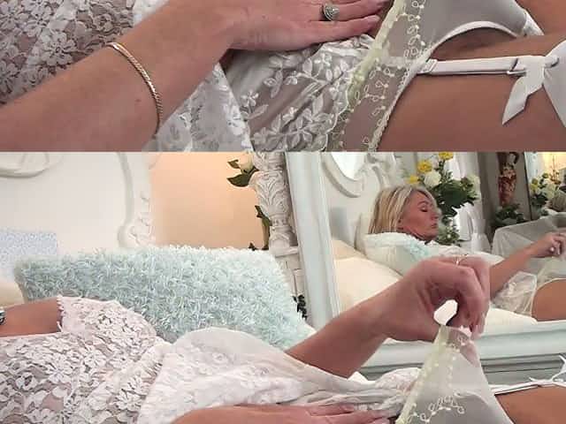 Old bitch in lace white lingerie and stockings Ellen B finger fucks hairy twat
