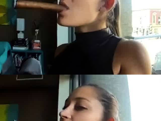 Dani Daniels smoking cigar strapon in leather