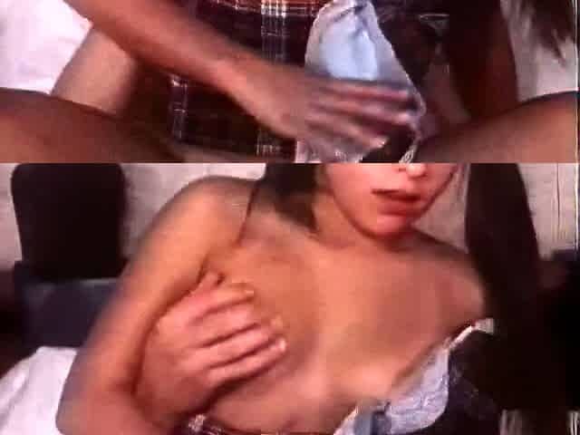 Small titted brunette teen fingering on the bed