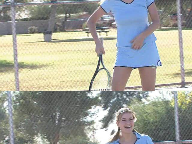 Amateur girl Danielle takes off her top while playing tennis