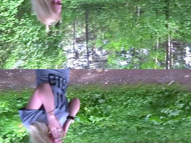 Outdoor solo masturbation scene with curly blonde