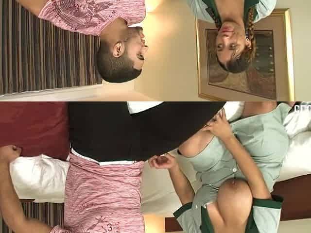 Busty Latina maid lets her boobs be free while jerking a guy off