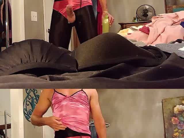 TOMBOY is a hottie with a KNOB! CUMS HARD 36DD in Shiny Ebony Legging and Satin Pants@@