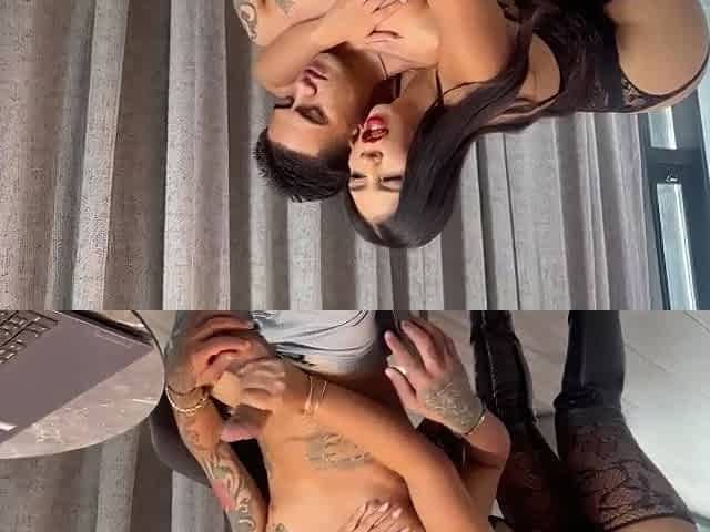 Large-assed wench in fishnet underware and leather boots gives a slim stud a oral sex