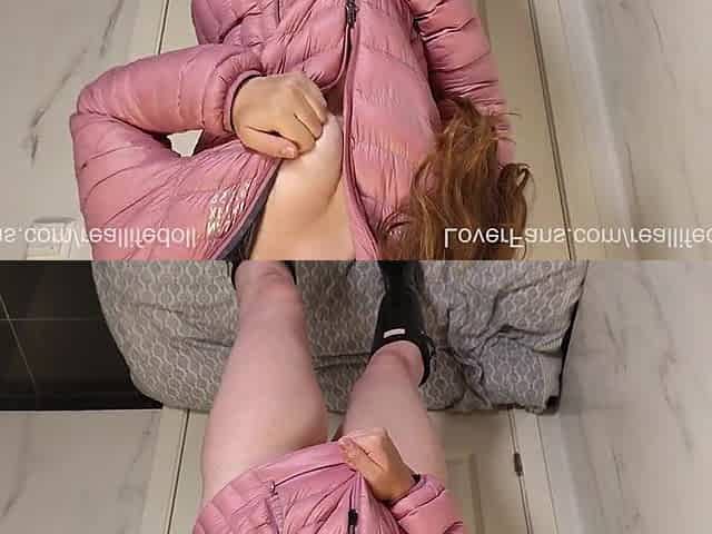 POV banging in pink down jacket and hunter boots