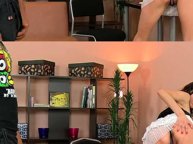Skinny brunette blacked by tall guy