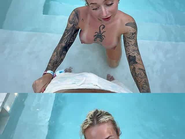 Tattooed blonde slut wants the guy's cock right in the poolside