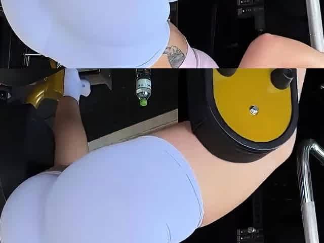 Fit chick creampied by gym photographer in public -