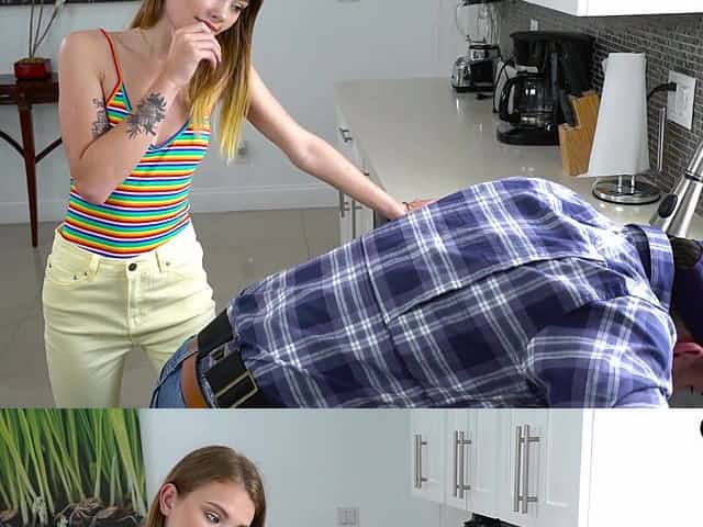 Plumber uses his long pipe to check Dani Lynn's dripping wet pussy