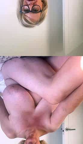 Handjob amateur mature on knees jerking in the kitchen
