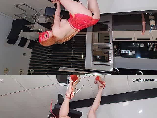 Super lengthy legs, High heels. Laony has pleasure with a sex toy on a high chair.