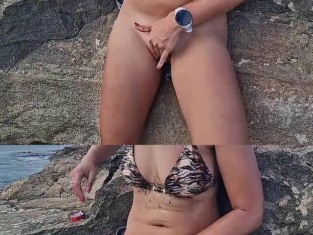 public fingering on a public beach, flashing breasts and vagina