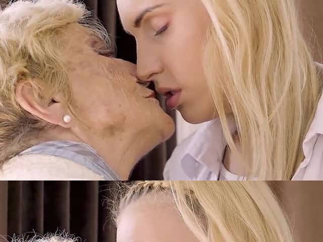Blonde girl eating grannyâs old pussy