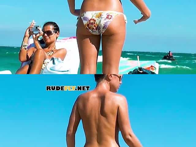 Nude beach girl with an amazing ass enjoys a sunny day