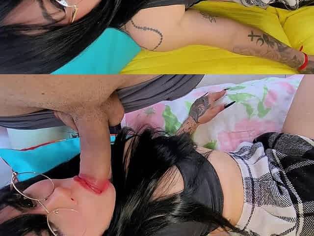 Stepsister in Sexy Skirt Sucks and Rides Cock