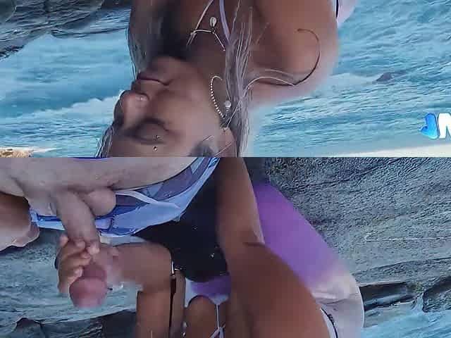 Amazing super-steamy milf blowjob on rocks, public deepthroating!