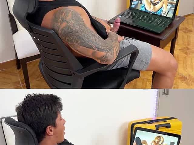 Pornstar steps without the computer screen to please her excited fan