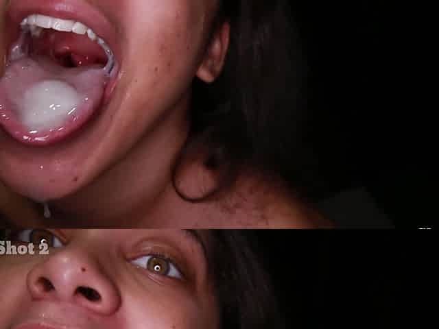 Girls sucking through a hole in the wall, swallowing cum in mouth