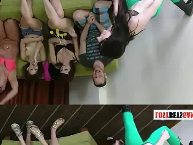 1 chap with 4 beauties play game of toss the balls and watch which