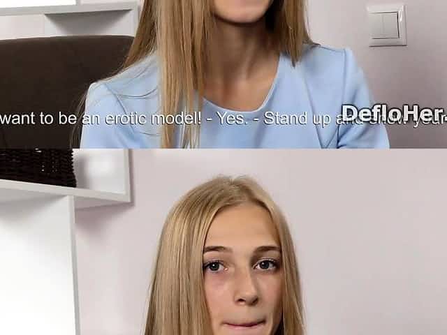 Slim long haired blonde Lizka Gerenda rubs her virgin pussy