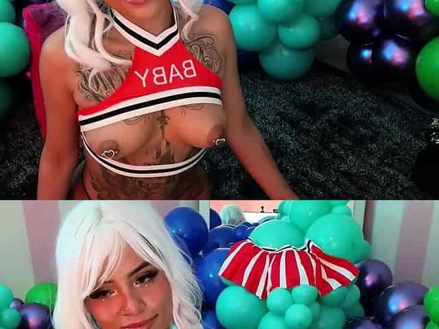 Blonde teen in weird stockings dildoing