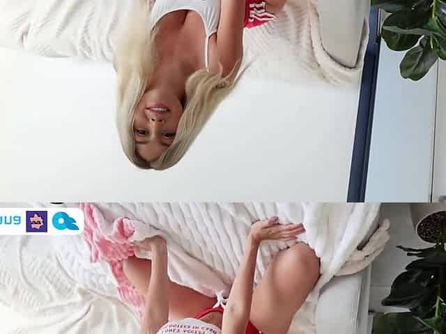 Step Sister Jerks Him Off With Her Pants! Cum On Her Large Melons