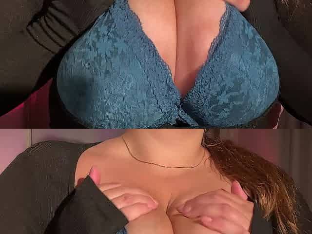 beauty with large natural bazookas showing off her brassiere collection