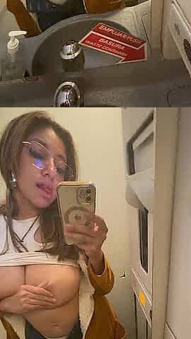 Bored mother i'd like to fuck on a flight goes to the washroom to masturbate and leaves a mess