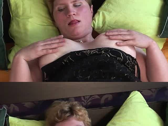 A plump, older woman, Matilda, enjoys fondling her generous, au naturel breasts and vulva.