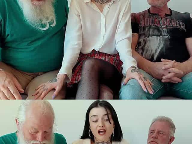 Young Snow DeVille has threesome with old men and swallows cum