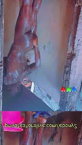 Hot Afro Black Showers Outside Whilst Neighbors Sing Next Door