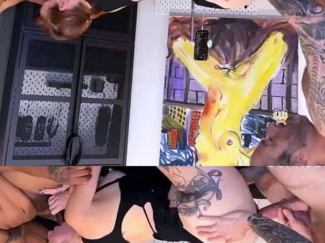 Horny redhead slut spit roasted with black and white cock li