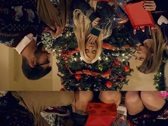 Two killing hot teens are fucked by horny dude under Xmas tree