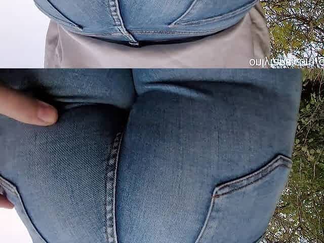 Touching Hawt Large Booty Brunette hair in Constricted Jeans Public