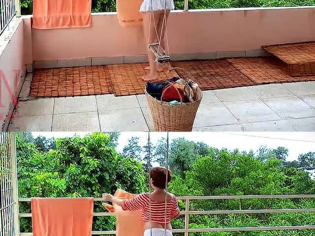 Regina Noir. Nude laundry. The maid is drying raiment in the laundry. Livecam 1