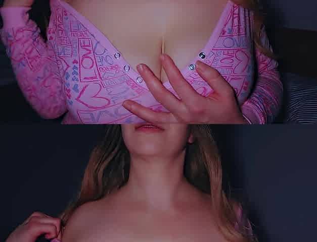 Wife tempts with her breasts. Sex in pink pajamas. Large cum on titties.
