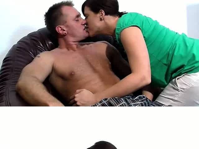 Slim brunette gets big boobs cumshoted