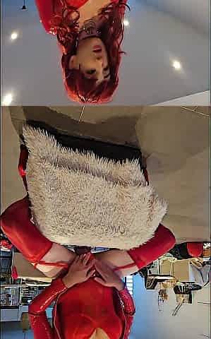 Hawt Sissy lola doll red hair and full red latex high heel ride a large sextoy with chastity