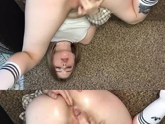 An excited beauty masturbates her dildo and fucks her ass with a toy