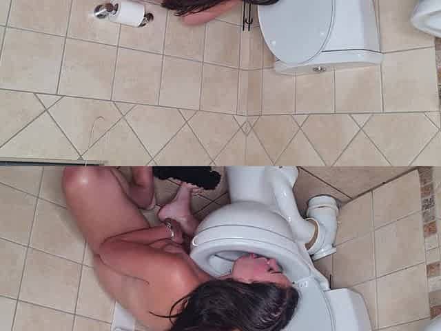 Dirty Slut Flushing Her Head as She Orgasms After Masturbating While Licking the Toilet Seat